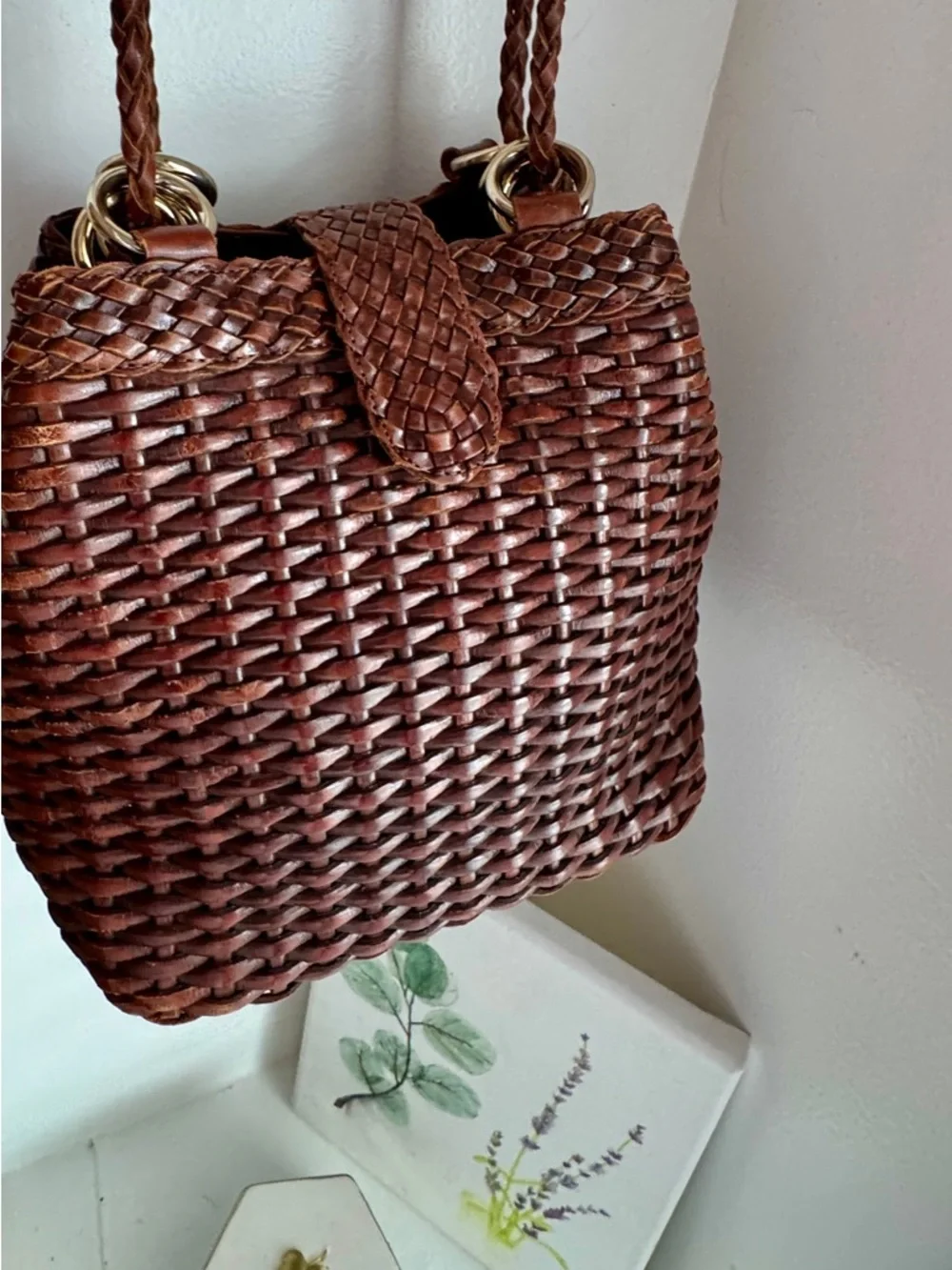 Vintage Woven Leather Crossbody Bag Brown Boho Artisan Basketweave Small Bucket - Picture 4 of 13